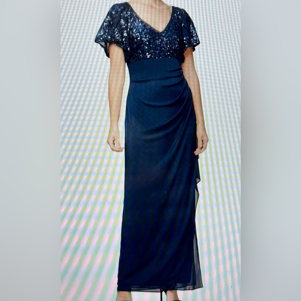 Alex Evenings Blue Sequin Ruched Maxi Gown